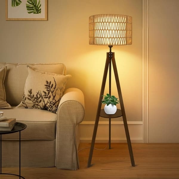 Mid-Century Tripod Floor Lamp with Shelves and Rattan Fabric Shade