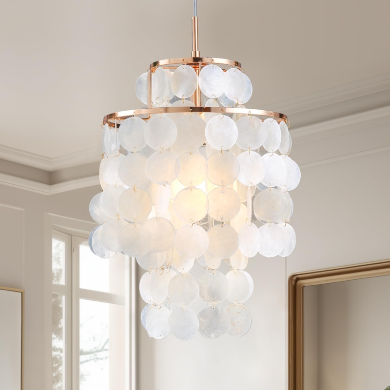 Mini Chandelier, Capiz Shell Flush Mount with Polished Gold