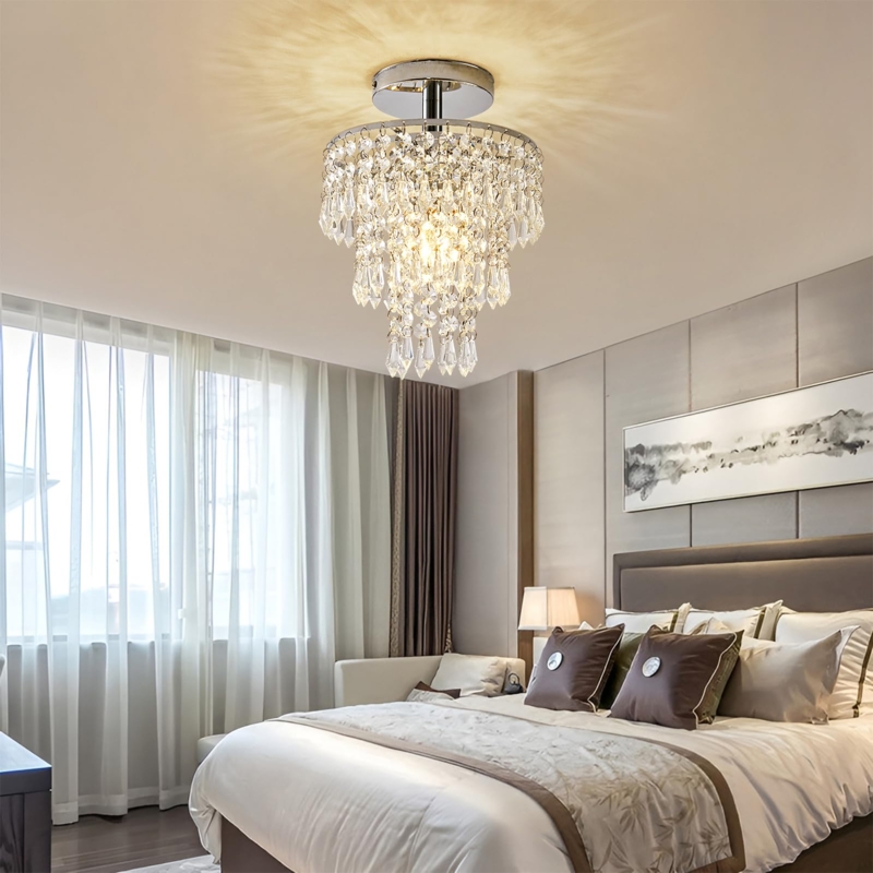 Mini Chandelier: Flush Mount Glam Chrome with Raindrop Crystals