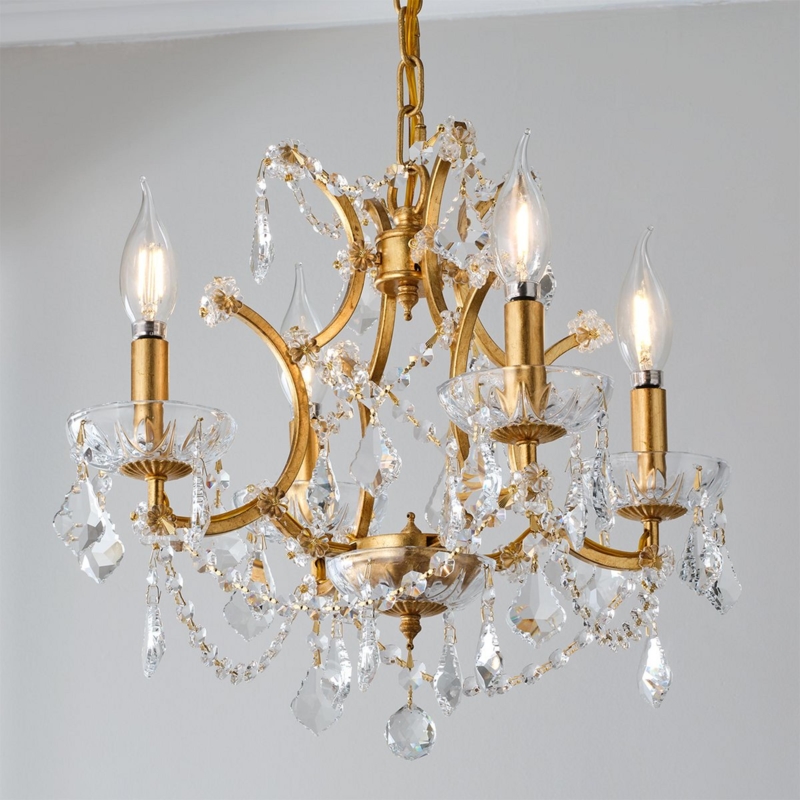 Mini Chandelier Gold Leaf Finish, Crystal Beaded Swags Traditional