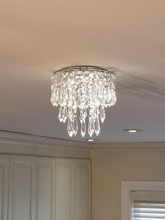 Mini Chandelier with Faceted Crystals, Recessed Light Conversion Mount