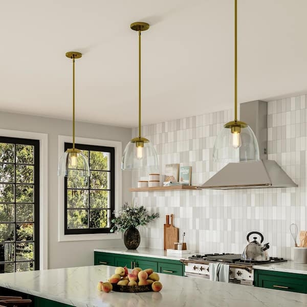 Mini Pendant Brushed Gold Clear Tapered Glass Rod Hung Transitional