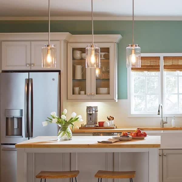 Mini Pendant Light Clear Glass Bell Shade Brushed Nickel Fixture