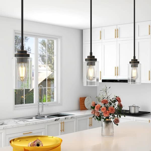 Mini Pendant Light, Clear Glass Bell Shade, Oil-Rubbed Bronze