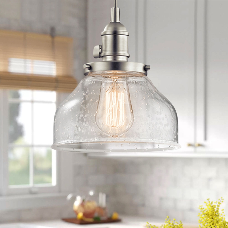 Mini Pendant Light Clear Seeded Glass Brushed Nickel Filament Bulb