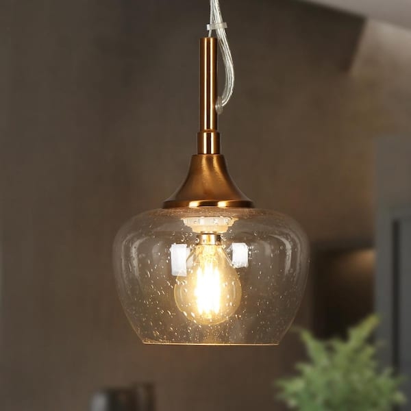 Mini Pendant Light: Cylindrical Seeded Glass, Brass Gold Finish