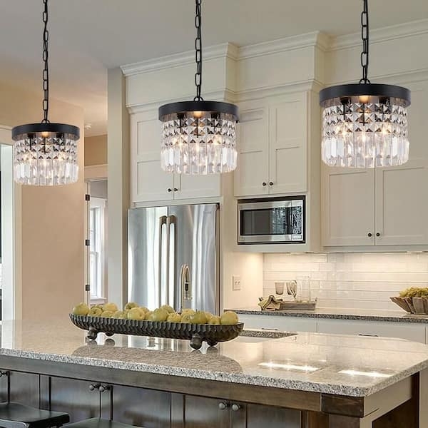 Mini Pendant Light, Matte Black Cylindrical Frame, Crystal Prisms