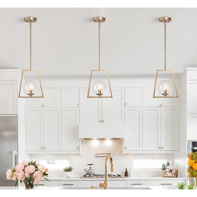 Mini Pendant Light: Matte Gold Geometric Cage with Seeded Glass