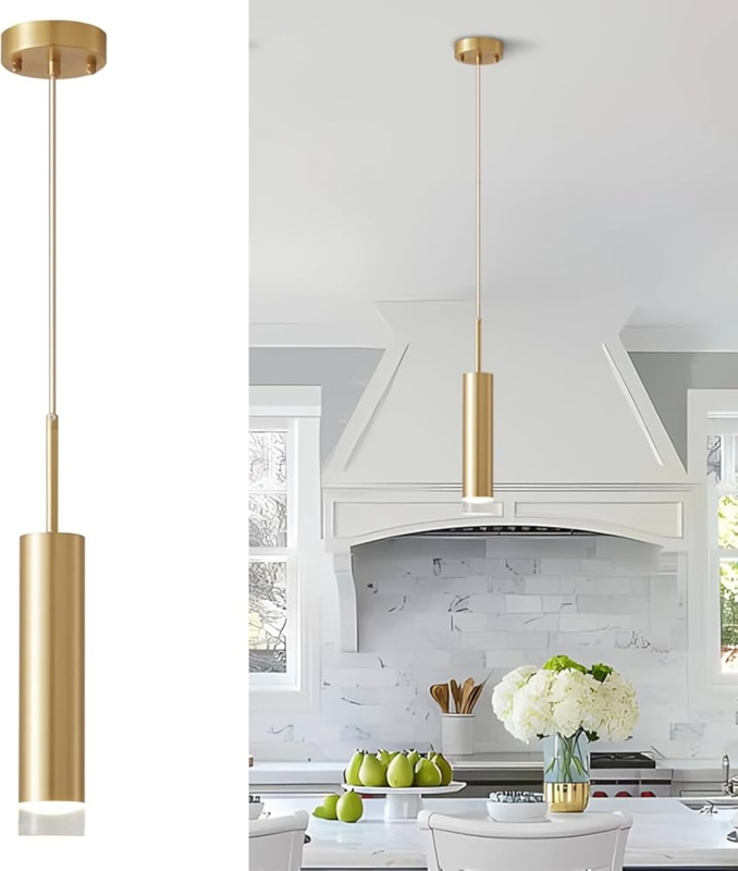 Mini Pendant Light, Polished Gold Cylinder with Integrated LED