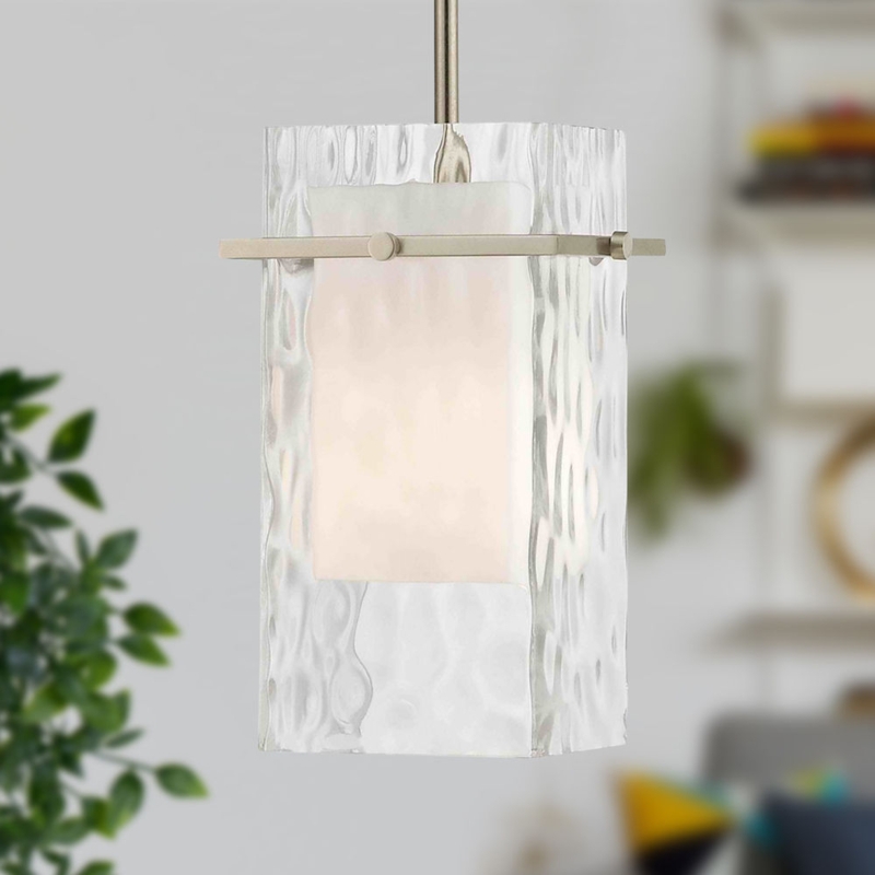Mini Pendant Light Satin Nickel Water Glass Texture Cylindrical Shade