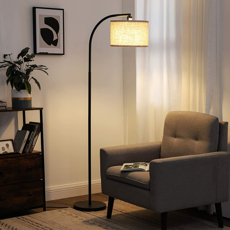 Minimalist Arched Floor Lamp with Beige Drum Shade, Overhanging Design