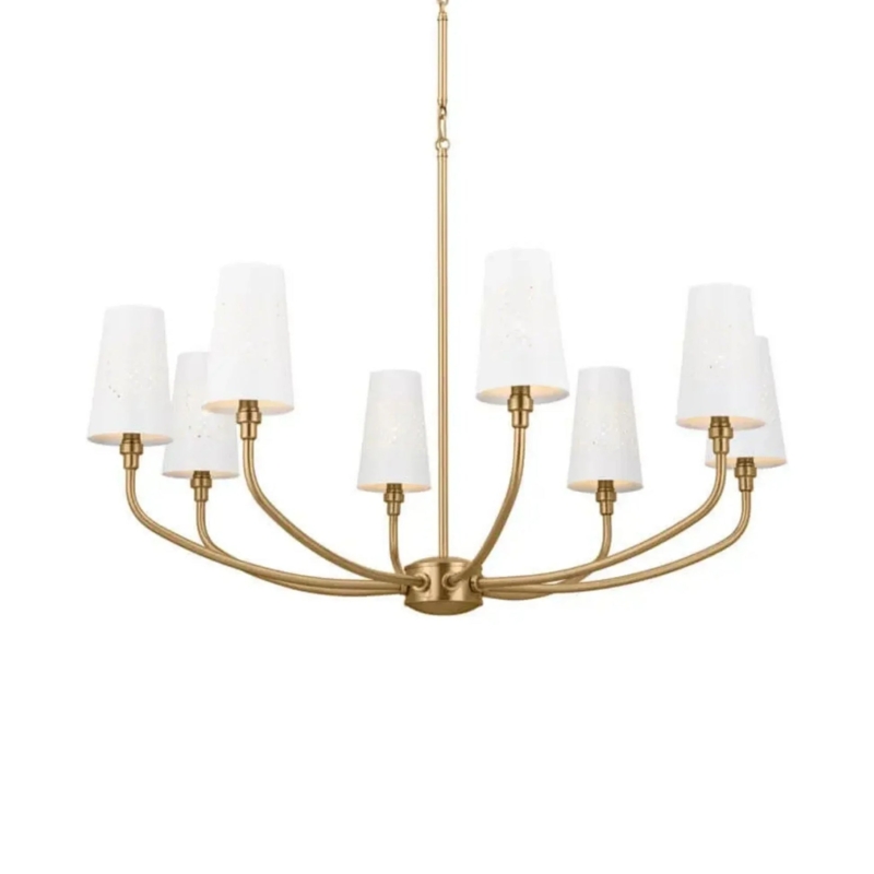 Minimalist Black Chandelier Lighting, Curved Arms, Metallic Sleeves.