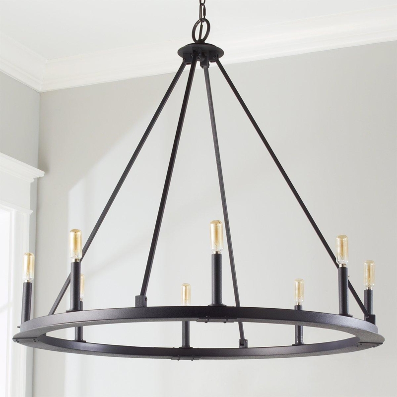Minimalist Black Iron Chandelier Eight Light Wagon Wheel Design