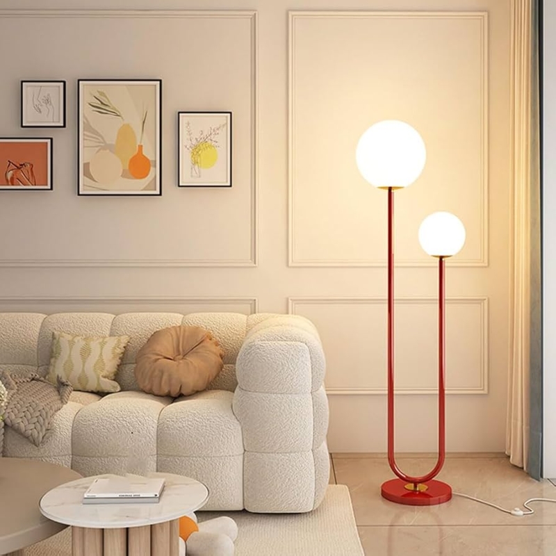 Minimalist Floor Lamp in Bold Red Finish with Staggered Globe Shades