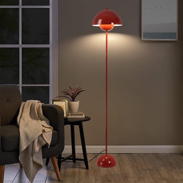 Minimalist Floor Lamp Matte Red Finish Dome Shade Foot Switch