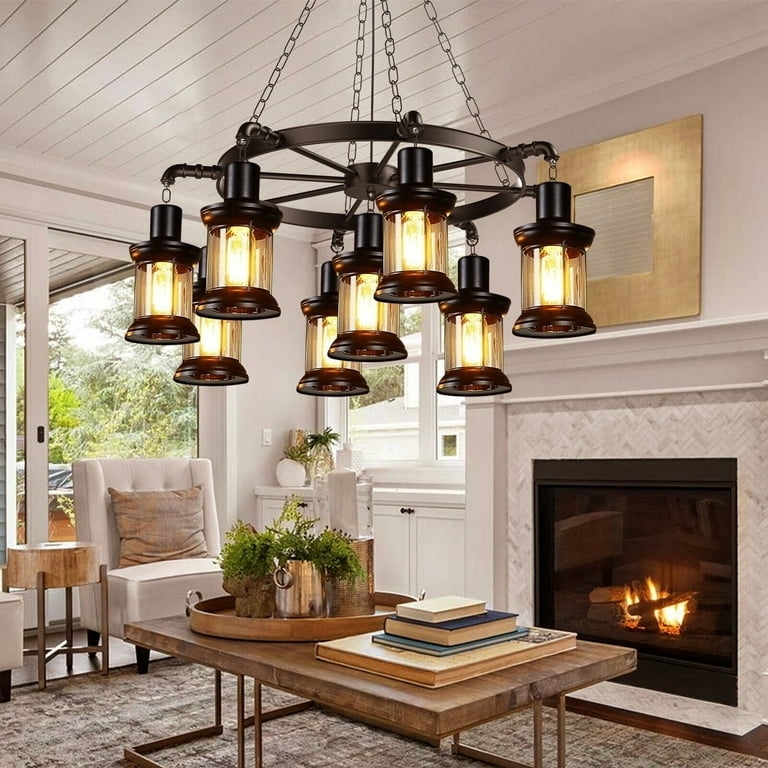 Minimalist Matte Black 9-Light Wagon Wheel Chandelier