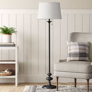 Minimalist Matte Black Stick Floor Lamp, White Drum Shade, Pull Chain