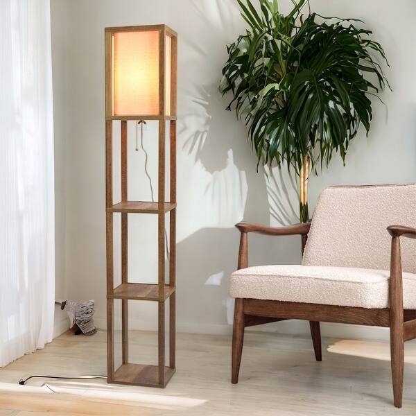 Minimalist Scandinavian Shelf Floor Lamp, Natural Wood, Rectangular Shade