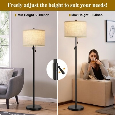 Minimalist Slim Black Floor Lamp with Neutral Drum Shade