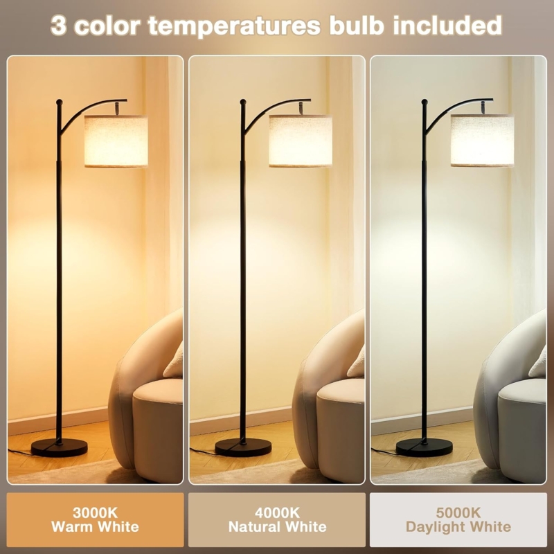 Minimalist Standing Lamp Slim Metal Pole White Linen Drum Shade