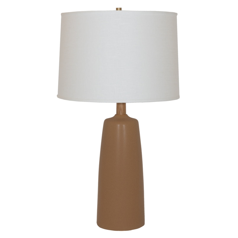 Minimalist Table Lamp Pitted Stone Base Tan Drum Shade Organic Modern