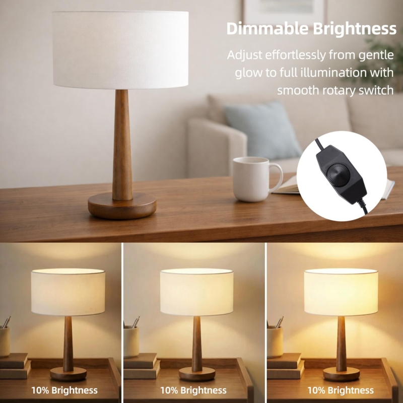 Minimalist Table Lamp with Ribbed White Shade and Walnut Wood Base