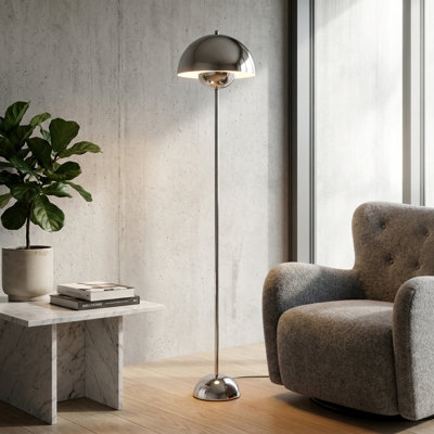 Minimalist Torchiere Floor Lamp: Dome Shade, Slim Pole Design.