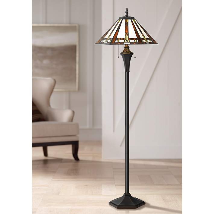 Mission Style Floor Lamp Autumn Leaf Pattern Stained Glass Shade