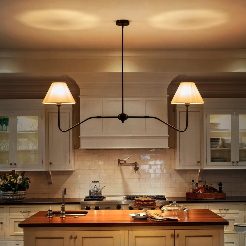 Mixed Metal Linear Chandelier with Fabric Drum Shades