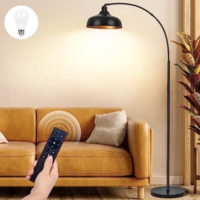 Modern Arc Floor Lamp Living Room, Charcoal Drum Shade, Black Finish