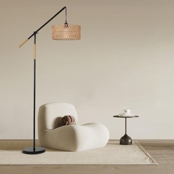 Modern Bohemian Floor Lamp with Rattan Shade and White Marble Base
