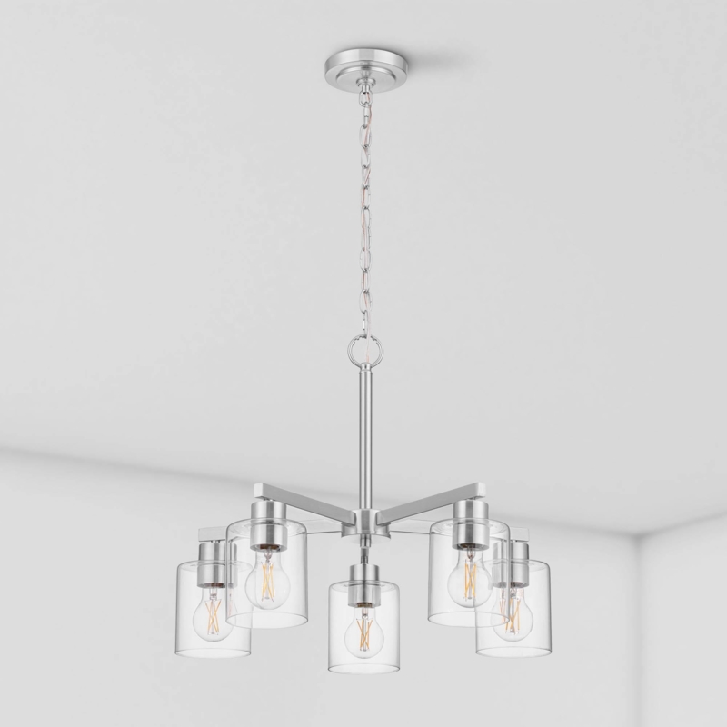 Modern Chandelier Brushed Nickel Clear Glass Cylinders Filament