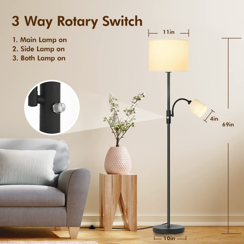 Modern Dual-Light Floor Lamp: Matte Black with Adjustable Reading Arm and Linen Shade