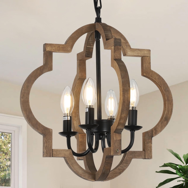 Modern Farmhouse Chandelier Square Box Frame Wood X-Braces Black Metal