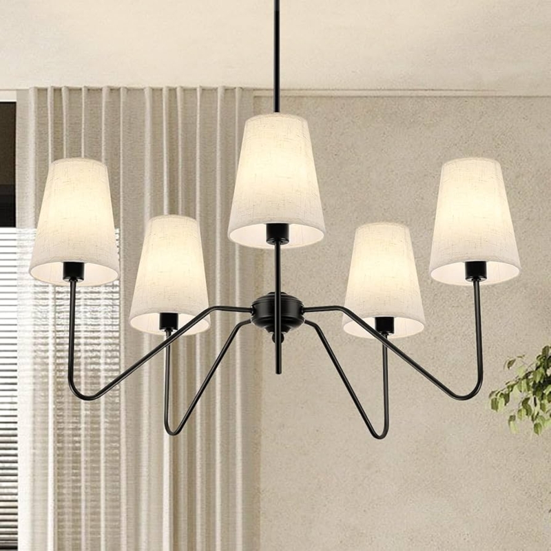 Modern Farmhouse Chandelier with Curved Arms and Linen Shades