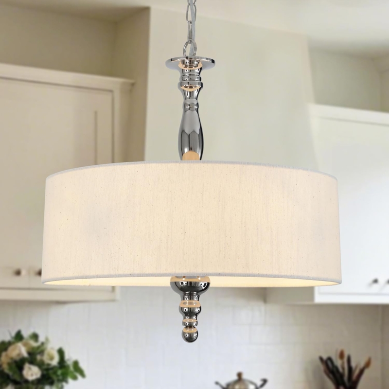Modern Farmhouse Drum Chandelier, Beige Linen Shade Nickel