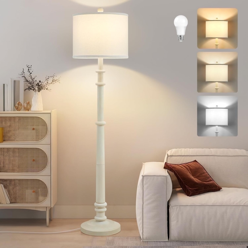 Modern Farmhouse Floor Lamp: Matte Black Pole, Wood Toned Base, and Linen Shade