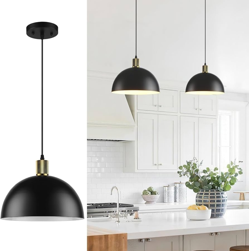 Modern Farmhouse Pendant Light Black Dome White Interior Kitchen