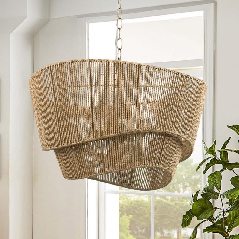 Modern Farmhouse Three-Tiered Design Chandelier Woven Brown Rattan Oversized