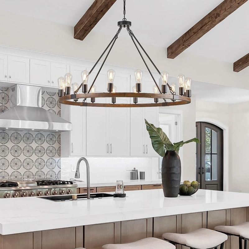 Modern Farmhouse Wagon Wheel Chandelier, Mixed Wood and Metal Frame