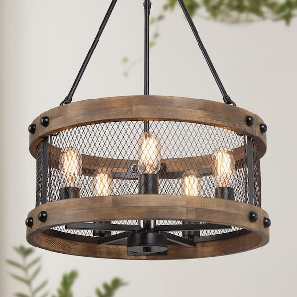 Modern Farmhouse Wood-Toned Band Chandelier Matte Black Drum Silhouette