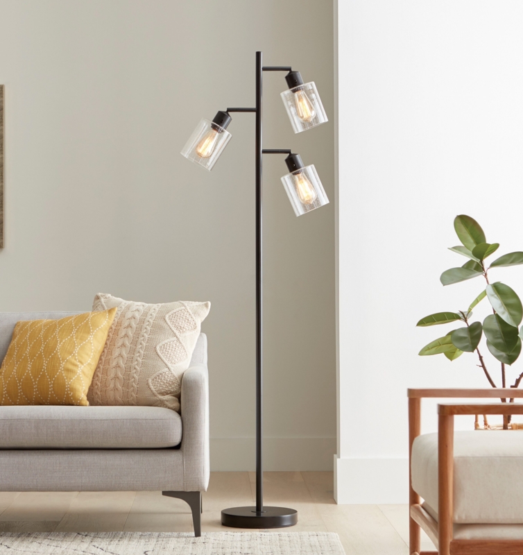 Modern Floor Lamp Double Staggered Smokey Glass Globes Black Finish