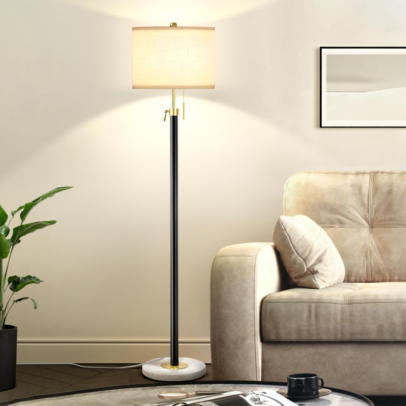Modern Floor Lamp with Black and Gold Finish and White Marble Base