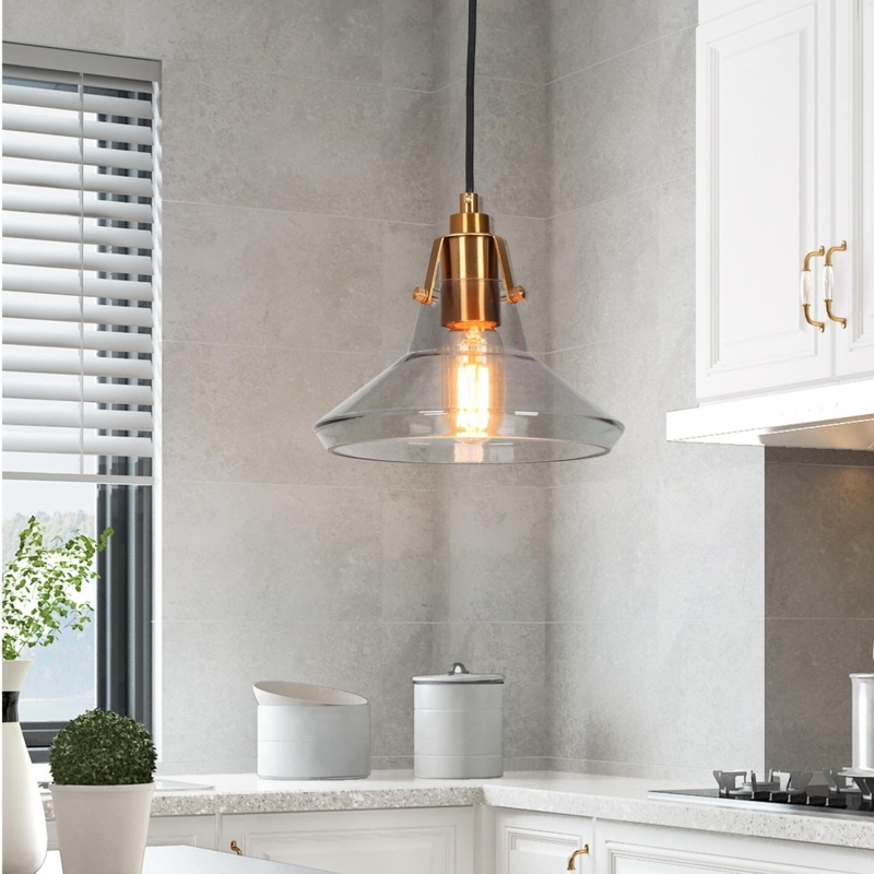 Modern Glam 1-Light Black Gold Cone Glass Kitchen Island Pendant Light for Dining Room - 8.5" D x 8" H - Seeded Glass