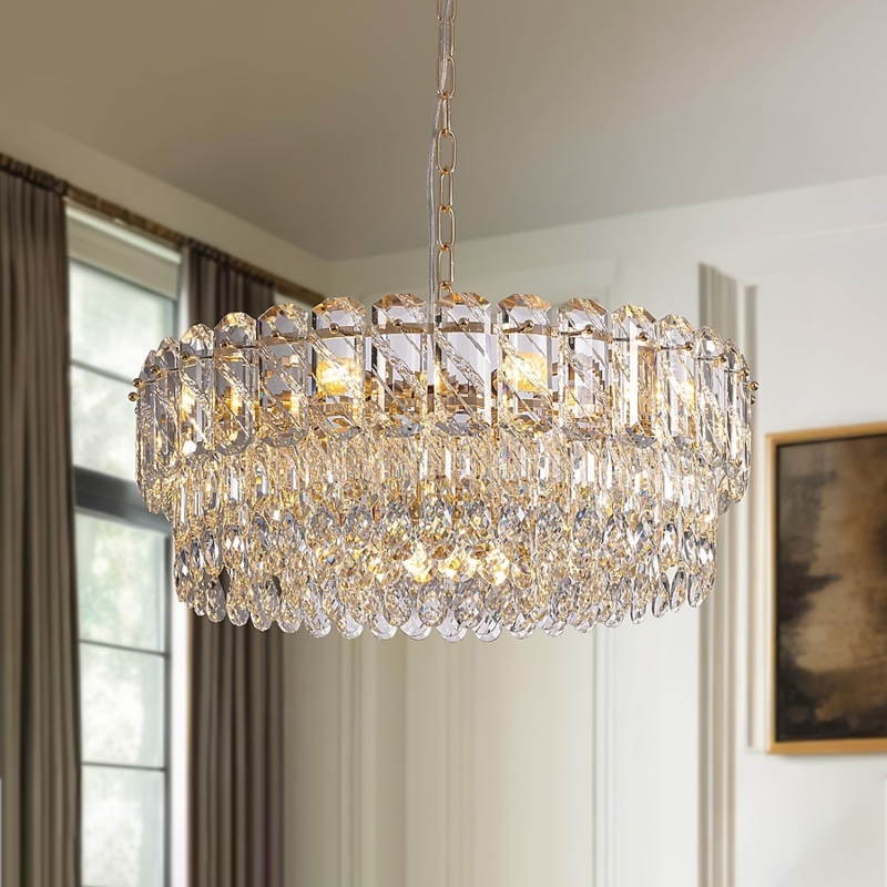 Modern Glam Chandelier with Vertical Crystal Prisms and Gold Frame.