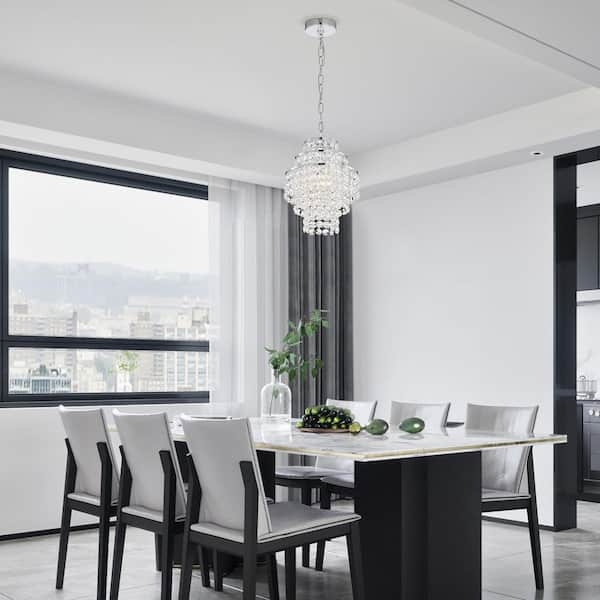 Modern Glam Mini Chandelier, Polished Chrome, Cascading Crystals.