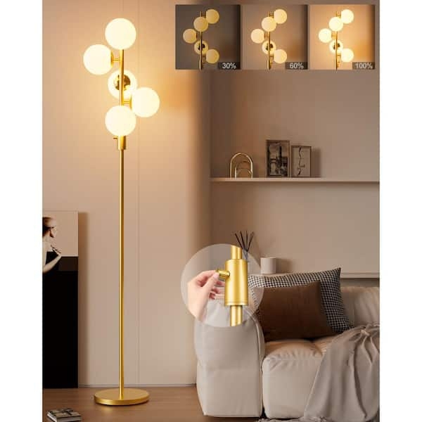 Modern Globe Shade Floor Lamp, Five-Light Gold Finish, Frosted Glass