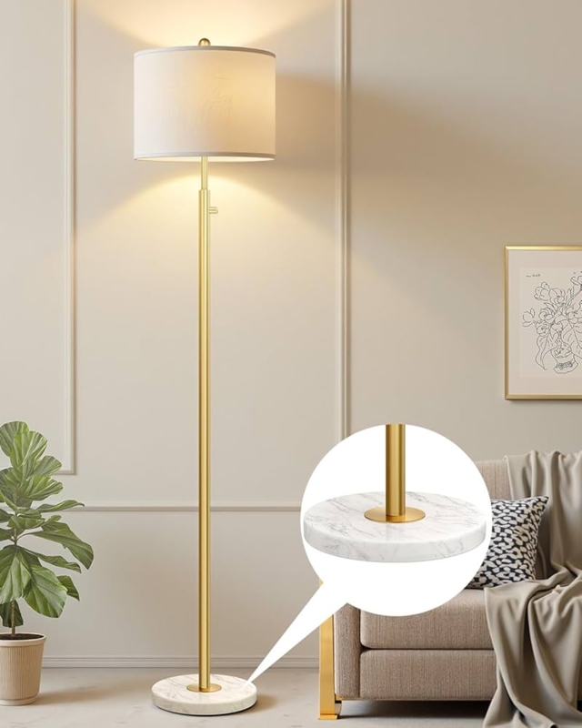 Modern Gold Floor Lamp Marble Base White Drum Shade Pull Chain Switch