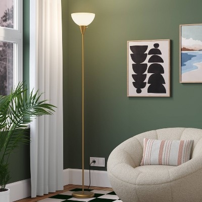 Modern Gold Torchiere Floor Lamp with White Cone Shade and Slim Profile