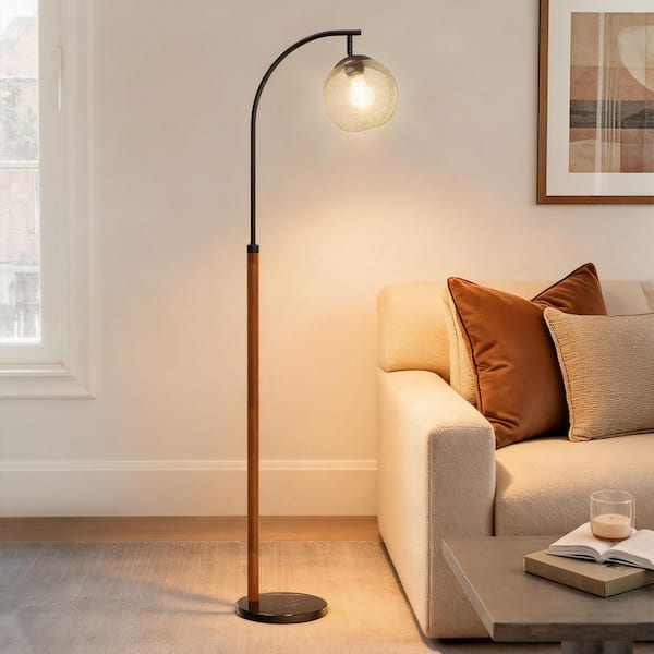 Modern Matte Black Arc Floor Lamp with Stone Like Base